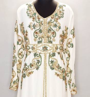 Off White Moroccan Kaftan with Gold and Contrast work With Sun-proof hijab 1