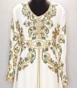 Off White luxurious Moroccan Kaftan with Gold and Contrast work With Sun-proof hijab.