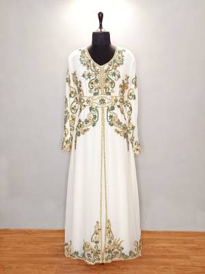 Off White Moroccan Kaftan with Gold and Contrast work With Sun-proof hijab 2