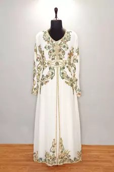 Off White Moroccan Kaftan with Gold and Contrast work With Sun-proof hijab