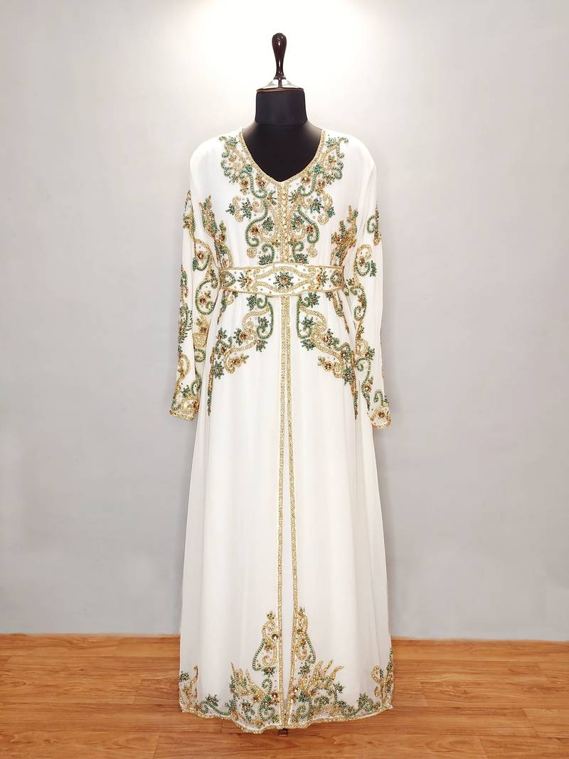 Off White luxurious Moroccan Kaftan with Gold and Contrast work With Sun-proof hijab.