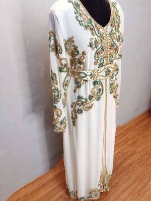 Off White Moroccan Kaftan with Gold and Contrast work With Sun-proof hijab 3