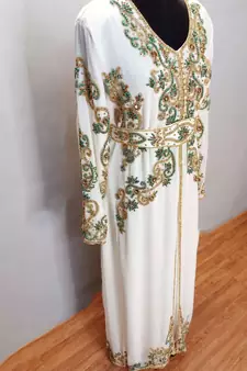 Off White Moroccan Kaftan with Gold and Contrast work With Sun-proof hijab