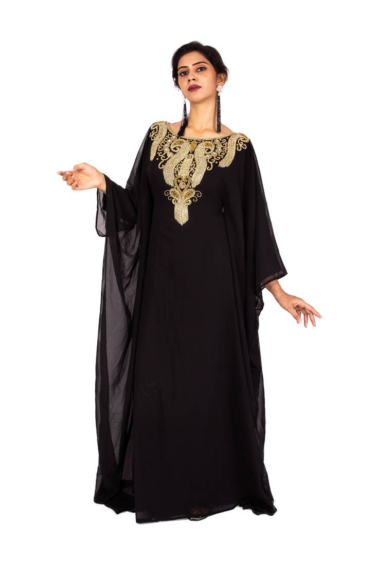 Black Gold Beaded Wedding Farasha/Abaya/Gown/Gold Embellished Kaftan Maxi Dress