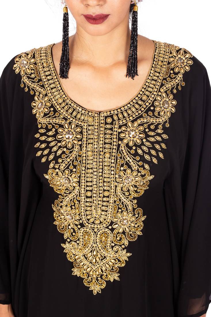 Black Gold Beaded Wedding Farasha/Abaya/Gown/Gold Embellished Kaftan Maxi Dress