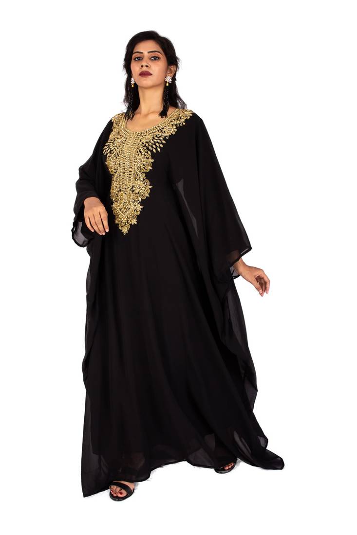 Black Gold Beaded Wedding Farasha/Abaya/Gown/Gold Embellished Kaftan Maxi Dress