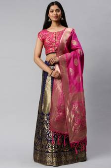 Navy-blue woven art silk semi stitched lehenga