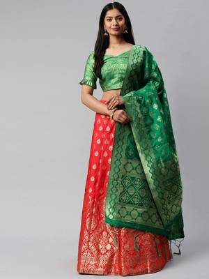 Red woven art silk semi stitched lehenga 1