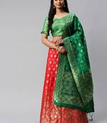 Red woven art silk semi stitched lehenga