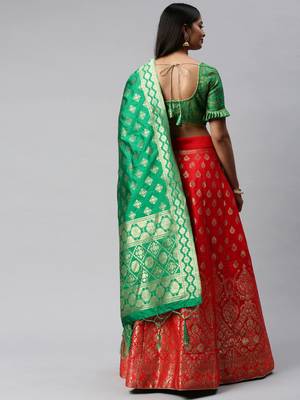 Red woven art silk semi stitched lehenga 2