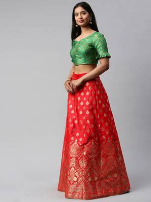 Red woven art silk semi stitched lehenga 3