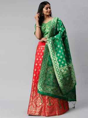 Red woven art silk semi stitched lehenga 4