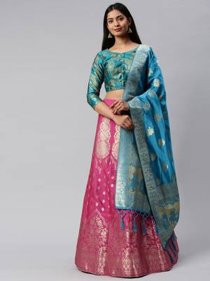 Pink woven art silk semi stitched lehenga 1