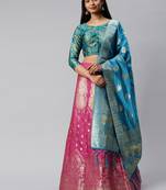 Pink woven art silk semi stitched lehenga
