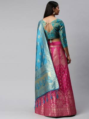 Pink woven art silk semi stitched lehenga 2