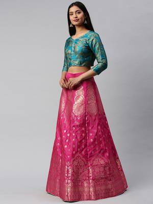 Pink woven art silk semi stitched lehenga 3