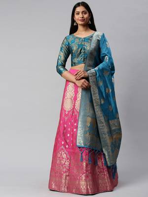 Pink woven art silk semi stitched lehenga 4