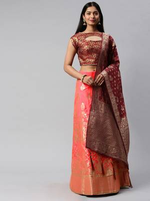 Peach woven art silk semi stitched lehenga 1