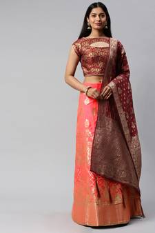 Peach woven art silk semi stitched lehenga