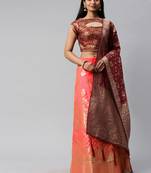 Peach woven art silk semi stitched lehenga