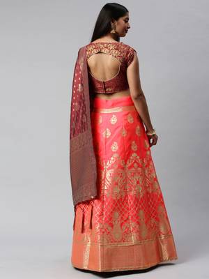 Peach woven art silk semi stitched lehenga 2