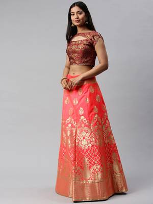 Peach woven art silk semi stitched lehenga 3