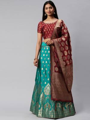 Turquoise woven art silk semi stitched lehenga 1