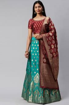 Turquoise woven art silk semi stitched lehenga