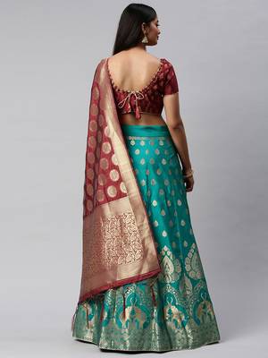 Turquoise woven art silk semi stitched lehenga 2