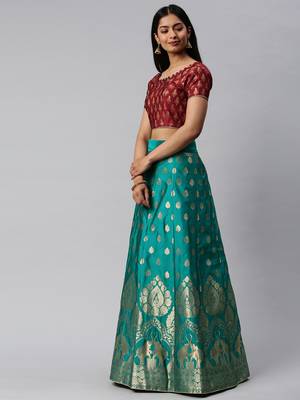 Turquoise woven art silk semi stitched lehenga 3
