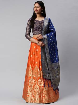 Red woven art silk semi stitched lehenga 1