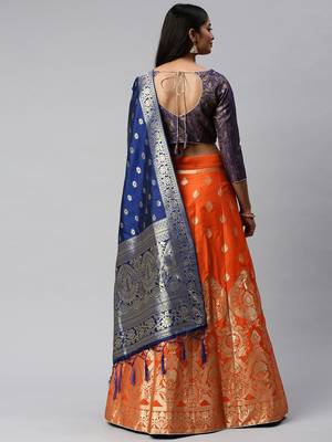 Red woven art silk semi stitched lehenga 2