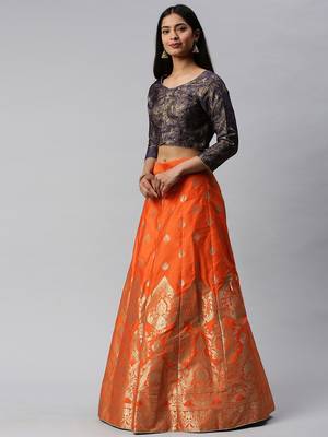 Red woven art silk semi stitched lehenga 3