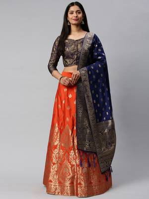 Red woven art silk semi stitched lehenga 4