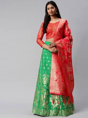 Parrot-green woven art silk semi stitched lehenga 1