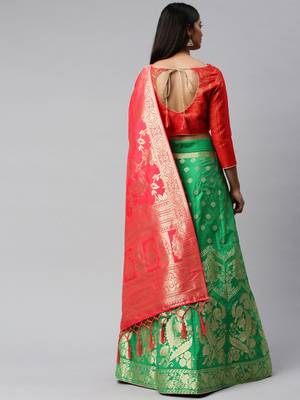 Parrot-green woven art silk semi stitched lehenga 2