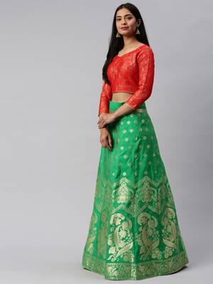 Parrot-green woven art silk semi stitched lehenga 3