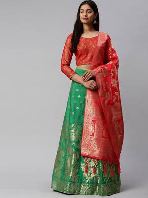 Parrot-green woven art silk semi stitched lehenga 4