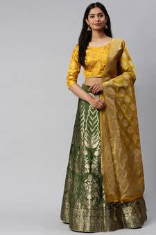 Green woven art silk semi stitched lehenga