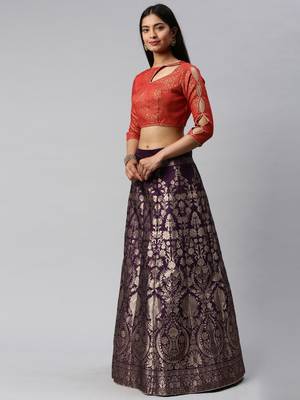 Magenta woven art silk semi stitched lehenga 3