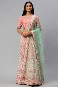 Peach embroidered georgette semi stitched lehenga