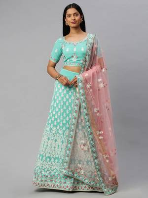 Turquoise embroidered georgette semi stitched lehenga 1