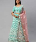 Turquoise embroidered georgette semi stitched lehenga