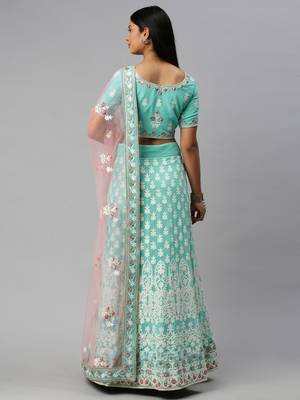 Turquoise embroidered georgette semi stitched lehenga 2