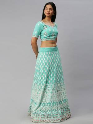 Turquoise embroidered georgette semi stitched lehenga 3