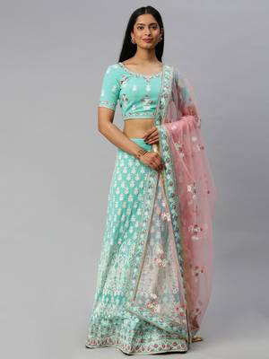Turquoise embroidered georgette semi stitched lehenga 4