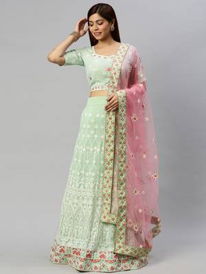 Green embroidered georgette semi stitched lehenga 1