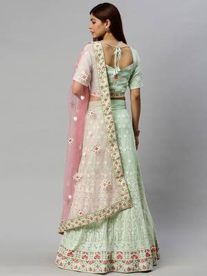 Green embroidered georgette semi stitched lehenga 2