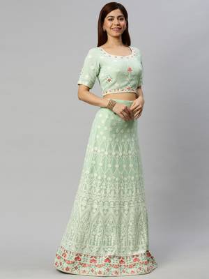 Green embroidered georgette semi stitched lehenga 3