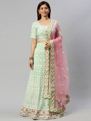 Green embroidered georgette semi stitched lehenga 4